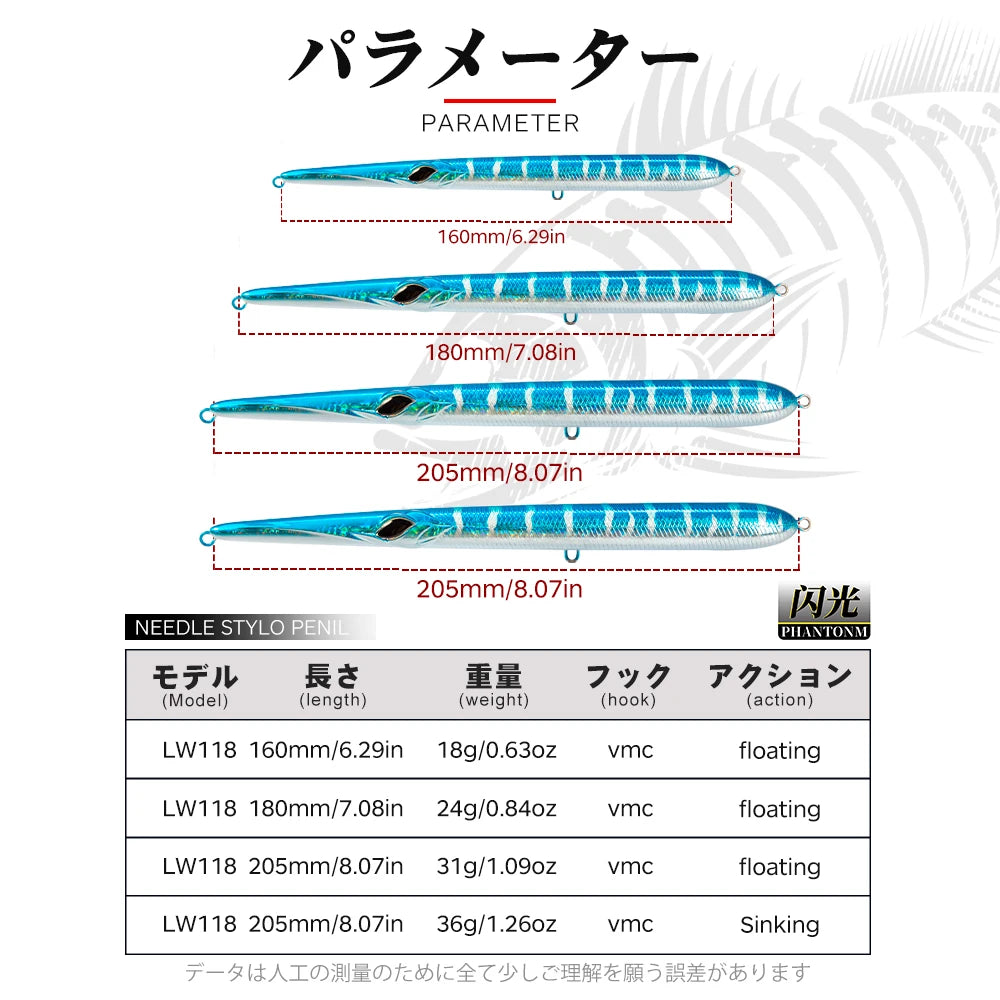 Hunthouse Needle Fishing Lure Long Casting Pencil Stickbait 18/24/31/36g Floating&Sinking For Pike Garfish Tackle Pesca