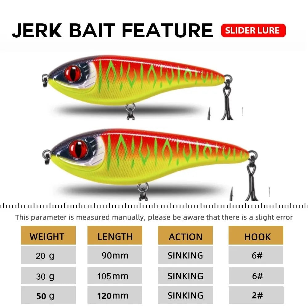 TSUYOKI 20/30/50g Sinking Jerkbait Slider Swim Glidebait 120 Westin Artificial Wobblers Loud Sound Fishing Lure for Pike Zander