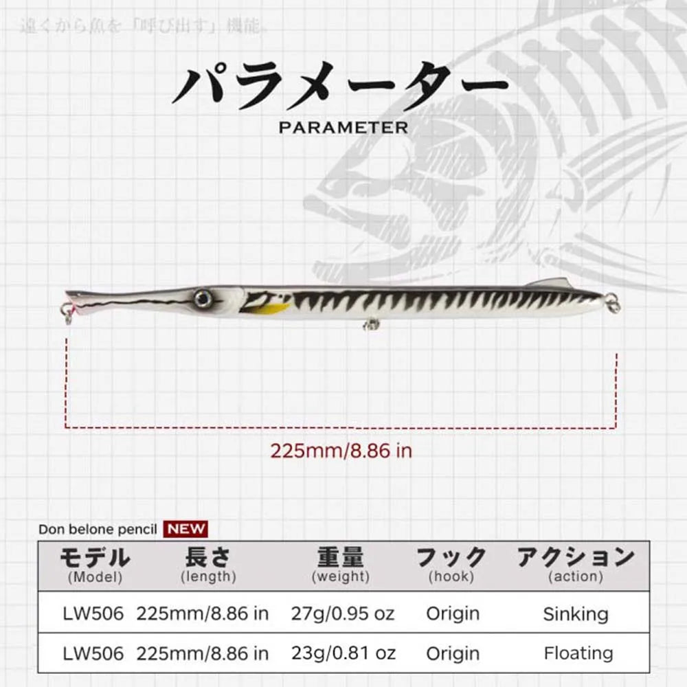 Hunthouse Fishing Lure Don Belone Long Casting Sinking Pencil Bait 225mm/27g/23g Stickbait Pesca Saltwater Leerfish Bluefish