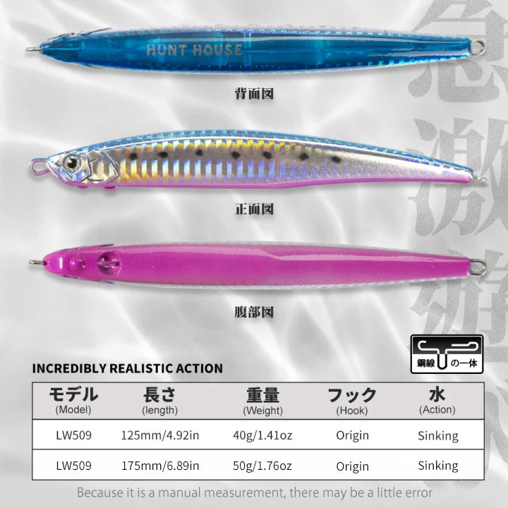 Hunthouse Sinking Pencil Fish Lure 125mm 40g 175mm 50g Saltwater Long Cast Hard Bait Wobbler for Sea Bass Pike Fishing Tackle