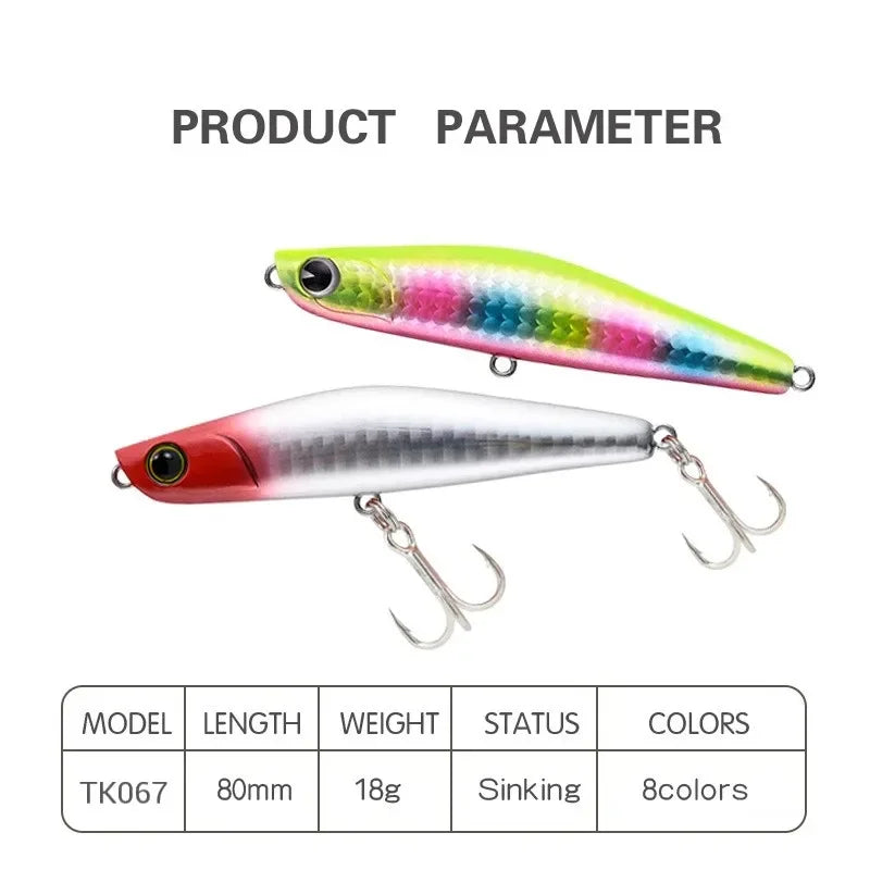 TSUYOKI Sinking Pencil Popper Lure 80mm 18g Japan Fishing Lure Ima Yoichi 80 Stickbait Wobbler for Barracuda SeaBass Bluefish