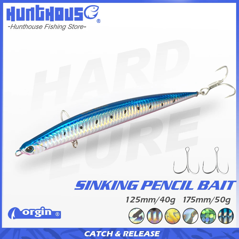Hunthouse Sinking Pencil Fish Lure 125mm 40g 175mm 50g Saltwater Long Cast Hard Bait Wobbler for Sea Bass Pike Fishing Tackle