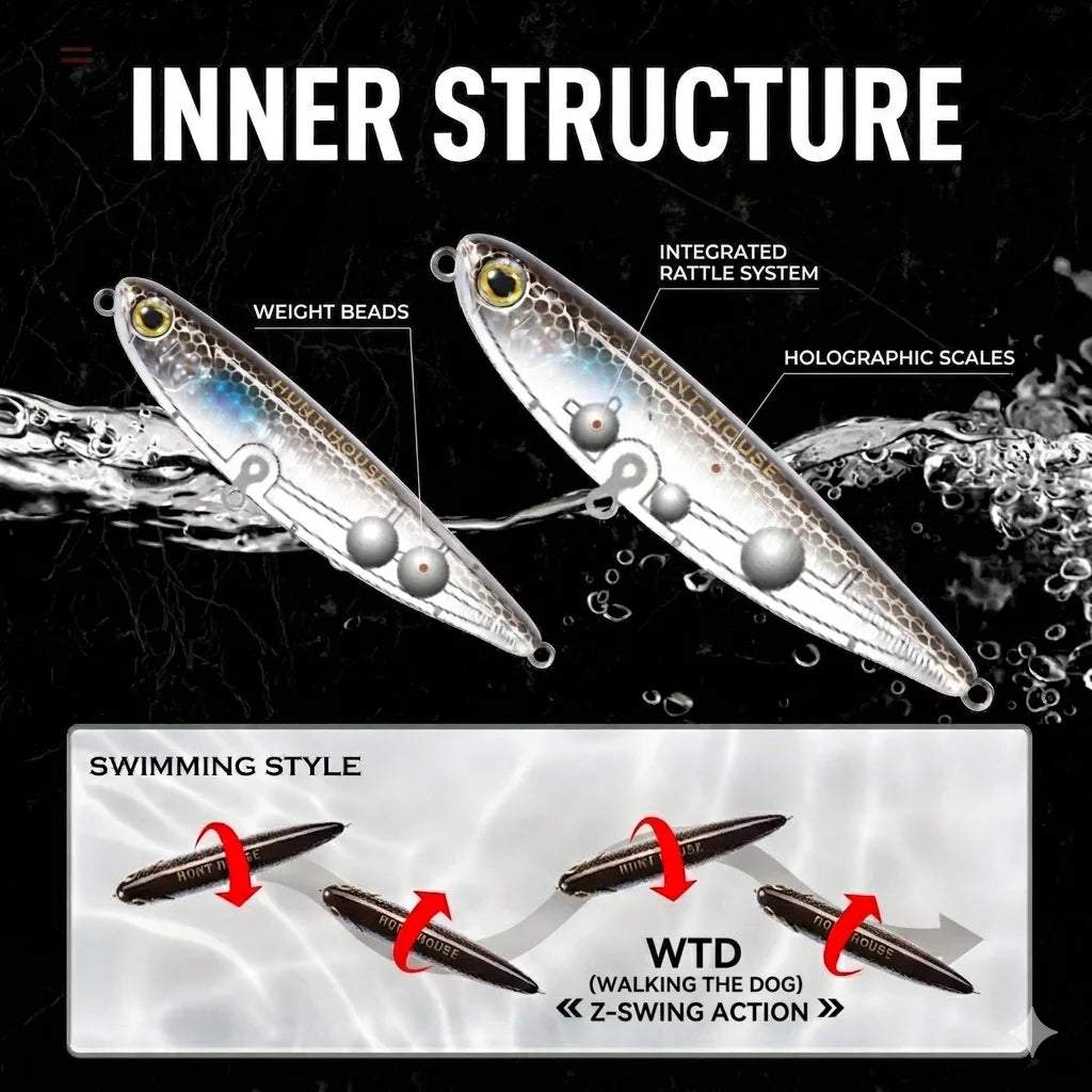Hunthouse GHOST SNAKE Topwater Pencil Fishing Lure 60/90/100mm 6.4/12.4/18.8g Surface Floating Bait Lure For Seabass LW536
