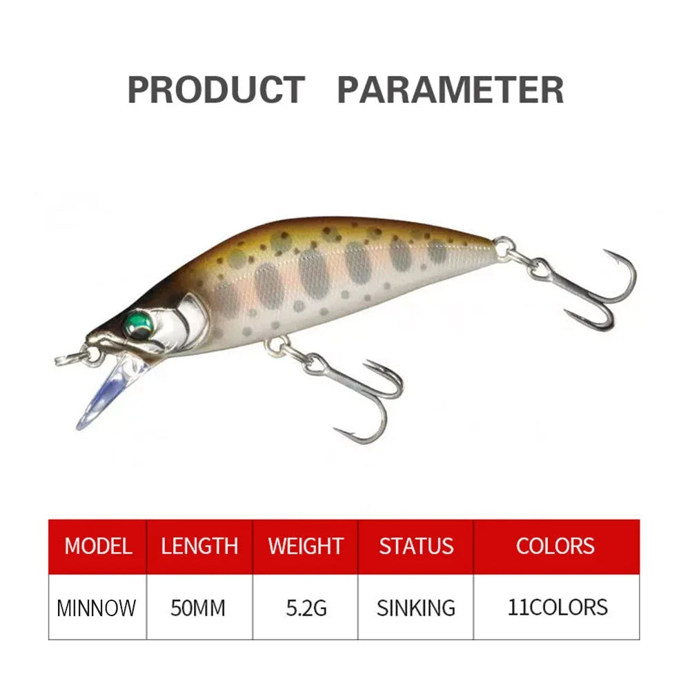 TSUYOKI 50mm 5g Artificial Wobblers Stream Bait Sinking Minnow Fishing Lure for Black Bass Brown Trout Bassday Mononofu 50S Bait