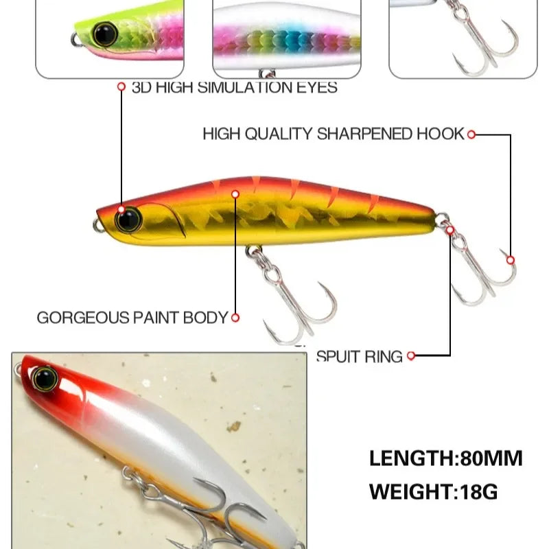 TSUYOKI Sinking Pencil Popper Lure 80mm 18g Japan Fishing Lure Ima Yoichi 80 Stickbait Wobbler for Barracuda SeaBass Bluefish