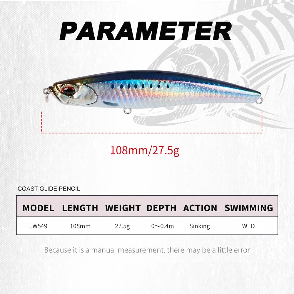 Hunthouse 2PCS Shore Glide Sinking Pencil Fishing Lure 108mm 27.5g Stickbait WTD Hard Bait Fish Tackle For Bass Snakehead LW549