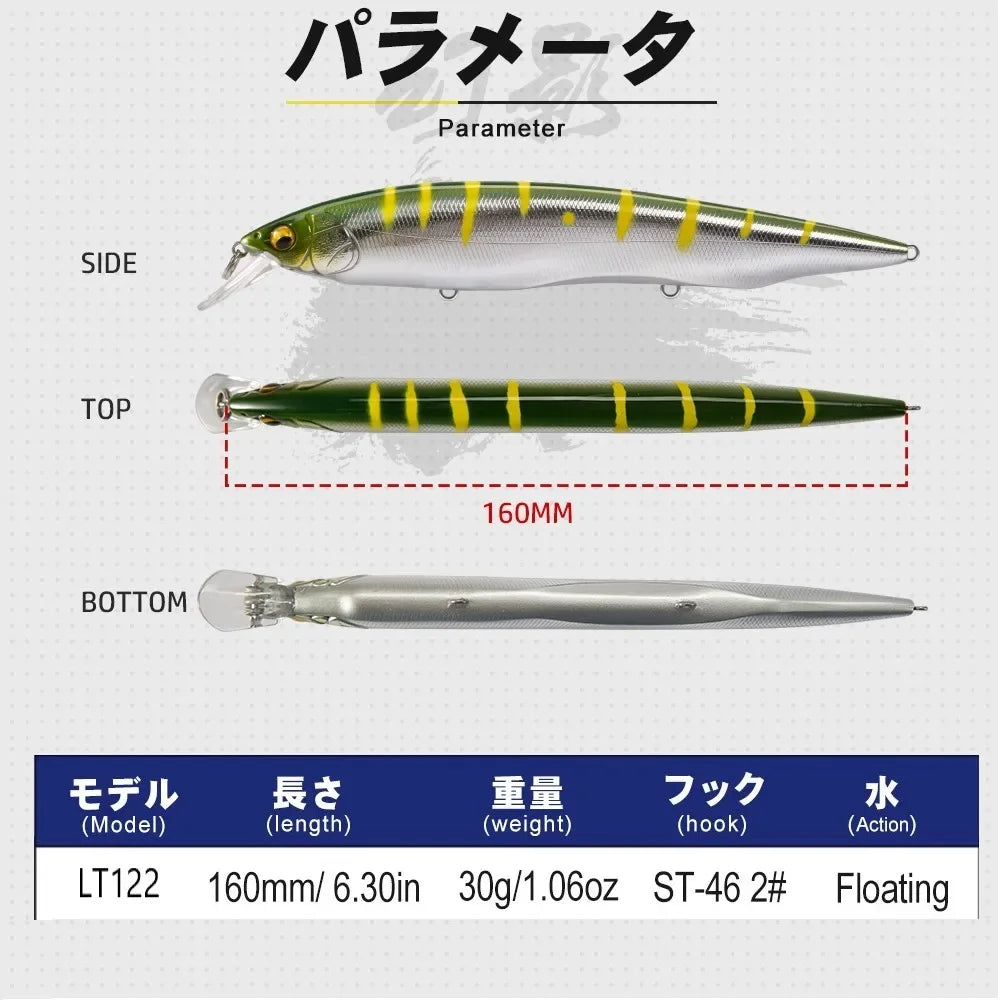 TSUYOKI Barracuda Lures 160mm 30g Minnow Wobbler Kanata 160F Saltwater Minnows Jerkbaits Floating Magabass Kanata Ayu 160 F SW