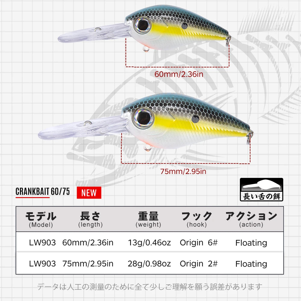 Hunthouse Crankbait Fishing Lure 60mm/13g 75mm/18g Long Lip Hard Crank Floating Bait For Seabass Deep Diving Wobbler LW903