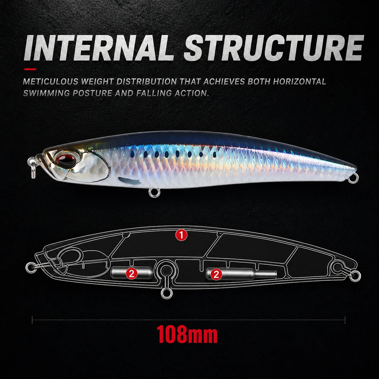 Hunthouse 2PCS Shore Glide Sinking Pencil Fishing Lure 108mm 27.5g Stickbait WTD Hard Bait Fish Tackle For Bass Snakehead LW549