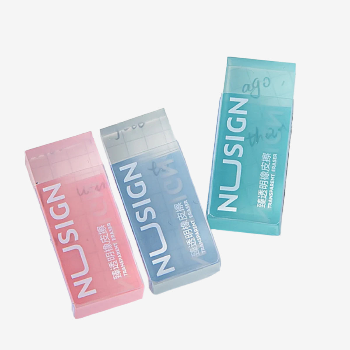 Product photo of Transparent Eraser Trio, the best Standard Erasers gift idea for sale on Glenmore, a store where you can find the perfect Arts & Crafts for your home, hobbies, video games, or gifting—all in one place, curated for you.