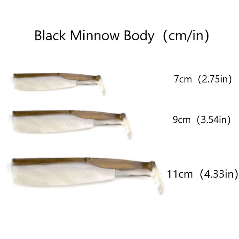 TSUYOKI 4PCS/Lot Black Minnow Fishing Lures 7/9/11cm Soft Silicone Spinning T-tail Leurre Souple Baits for Pesca Seabass Grouper