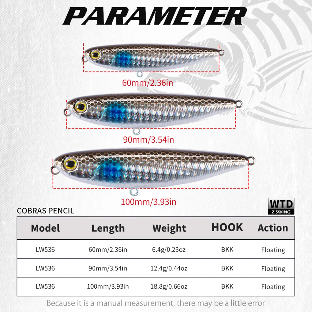 Hunthouse Floating Topwater Pencil Fishing Lure 60mm 90mm 100mm Surface Hard Bait WTD Saltwater For Pike Bass Trout Fish Tackle
