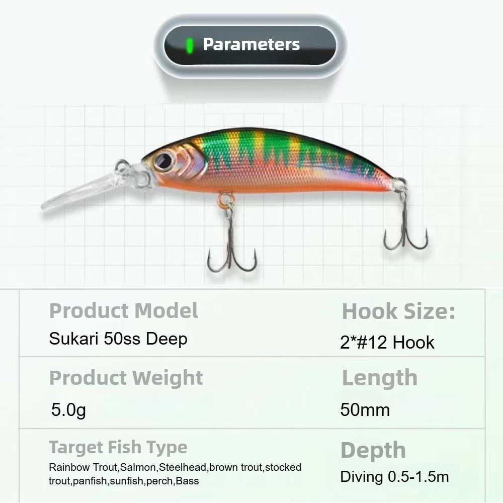 TSUYOKI Trout Minnow 50mm 5g Sinking Fishing Lure Diving 0.8-1.5m Ima Sukari 50SS Deep Wobbler Pesca Rainbow Trout Salmon Baits